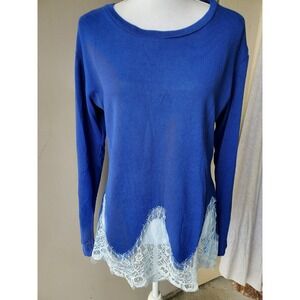 ABYOXI Sweater Top Womens Large Blue White Lace Long Sleeve Stretch